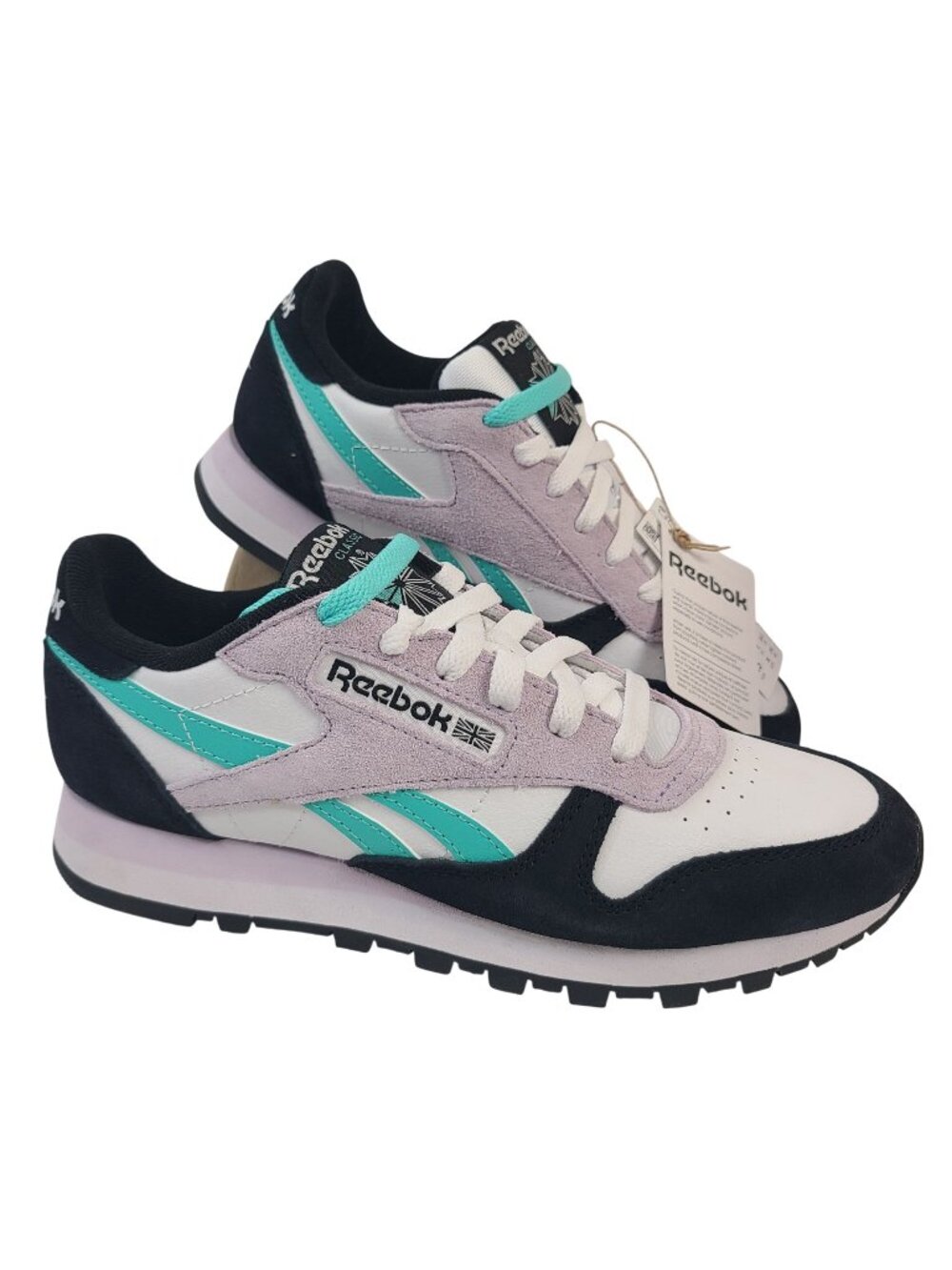 NEW Reebok Classic Leather Women's Running Shoes White Aqua Black Size 7.5
